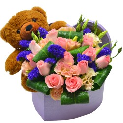Teddy Bear in Your Heart with One Dozen Pink Roses